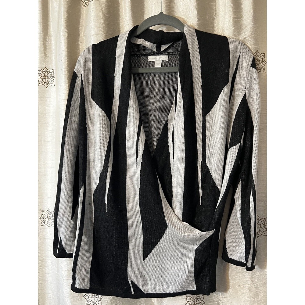 EUC New York & Company gray black 3/4 Sleeve Wrap Look Cardigan size large